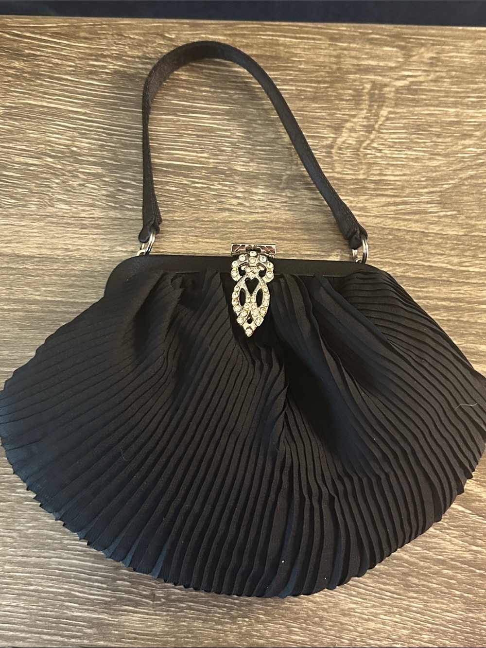 Banana Republic Black Pleated Evening Clutch with Decorative Crystal Accent